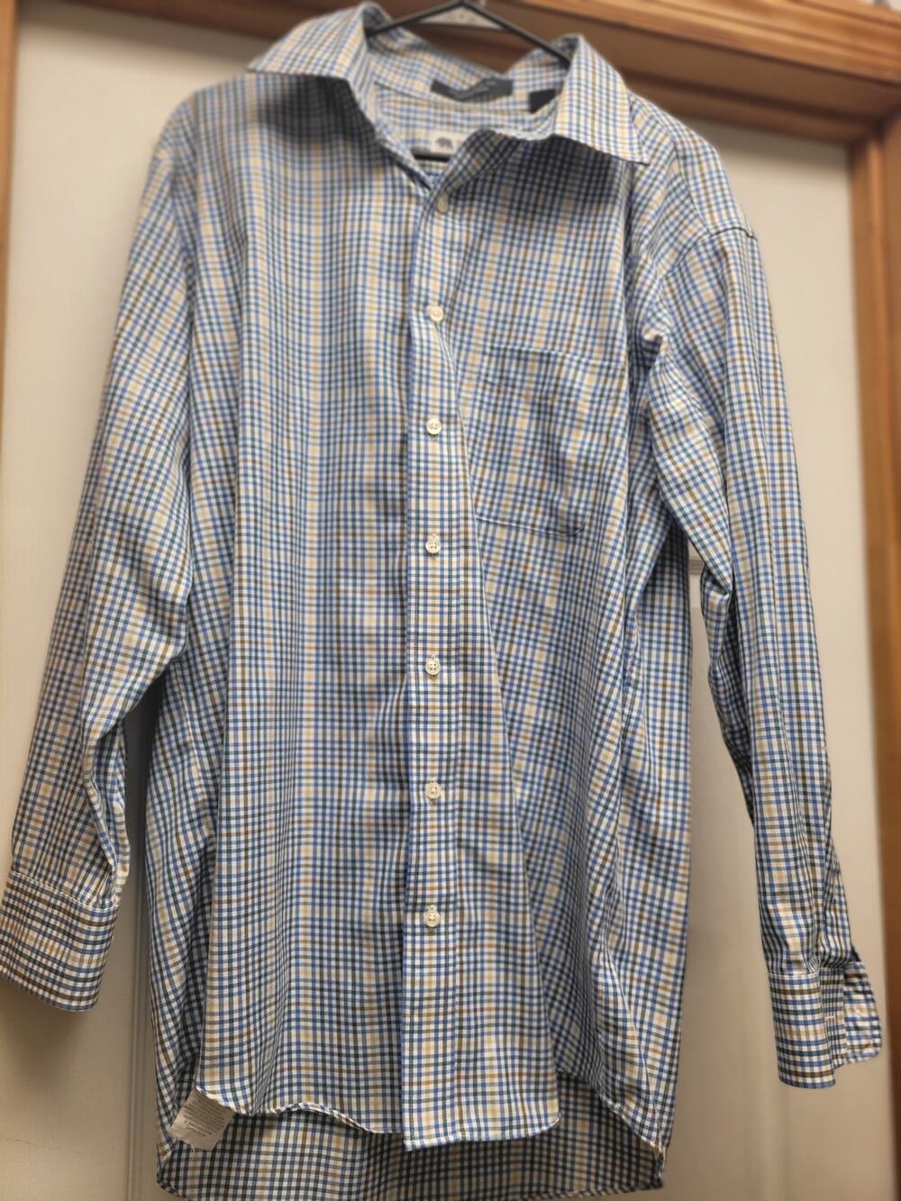 Onward Reserve Mens Medium Plaid Button Front Shirt Blue Tan Wrinkle Free Cotton